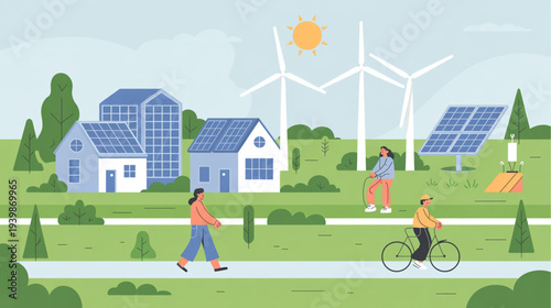 Vector illustration of eco-friendly neighborhood with renewable energy sources