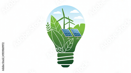 Vector eco-friendly light bulb icon with solar panel and wind turbine