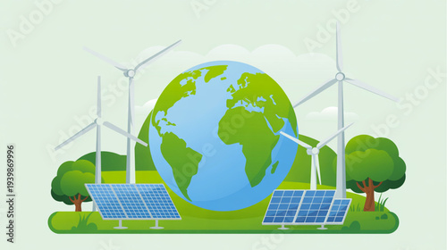 Vector illustration of earth with solar panels and wind turbines