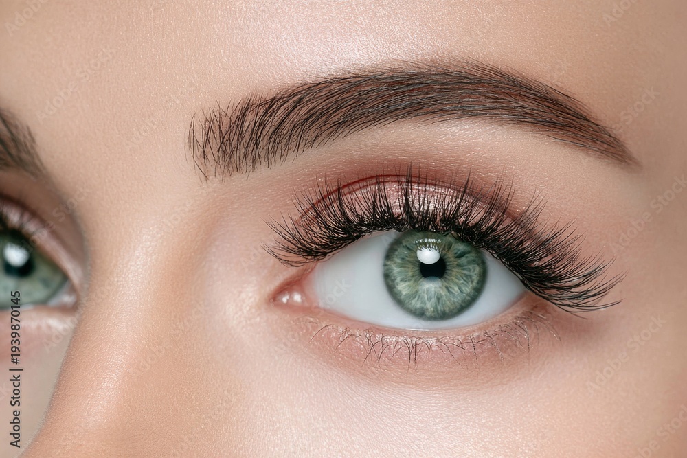 Fototapeta premium Green eye macro close-up with long eyelashes and groomed eyebrow – beauty makeup and skincare branding