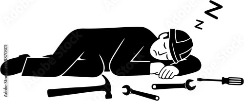 Tired mechanic lying on garage floor with wrench vector silhouette illustration, manual labor exhaustion and industrial fatigue concept