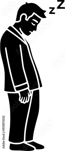 Sad tired businessman standing exhausted vector silhouette illustration, professional stress depression and corporate burnout concept