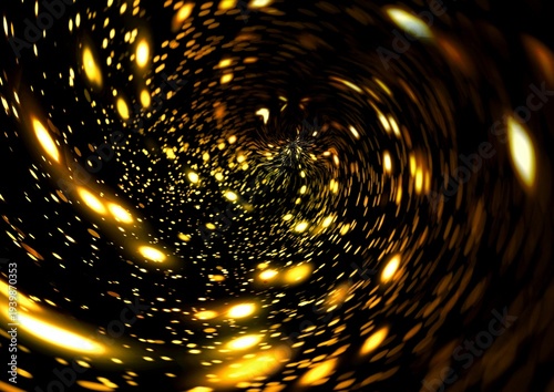 黄金の光粒子が渦を巻く抽象背景　宇宙・エネルギー・スピードイメージ