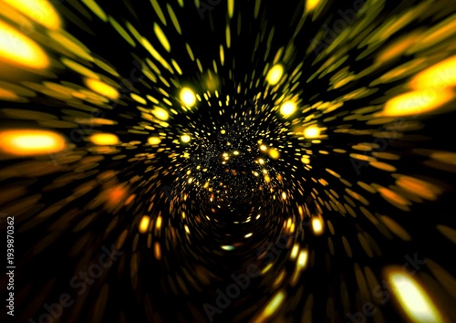 黄金の光粒子が飛び散る抽象背景　宇宙・エネルギー・スピードイメージ