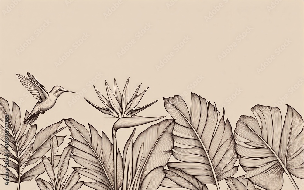 Fototapeta premium Hummingbird flies among tropical leaves and exotic flowers in elegant