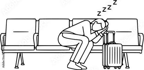 Exhausted traveler sleeping on airport waiting seat vector silhouette illustration, travel fatigue and delayed flight concept