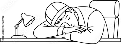 Exhausted office worker sleeping on desk vector silhouette illustration isolated on white background, overwork burnout concept