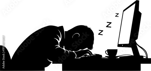 Overworked man sleeping at computer desk vector silhouette illustration, late night office workload and burnout concept