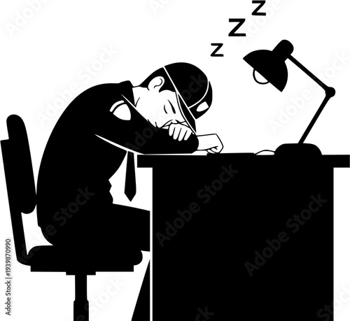 Sleepy office worker resting head on desk vector silhouette illustration, workplace fatigue and low energy burnout concept