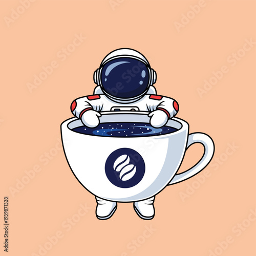 Astronaut sitting in a coffee cup.