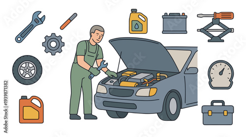 Professional Car Mechanic at Auto Repair Shop with Garage Tools Icons