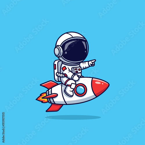 Cute chibi astronaut character in a detailed white spacesuit and helmet, riding a red and white rocket ship with orange exhaust flame, pointing forward, vector illustration on a light blue background.