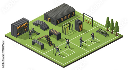 Isometric 3D illustration of a military base with soldiers training on a sports field, surrounded by buildings and defense structures.