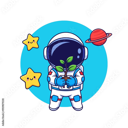 Cute chibi astronaut in white and blue space suit holding a small green plant seedling with soil, surrounded by smiling yellow stars and a ringed red planet on a blue circle background.