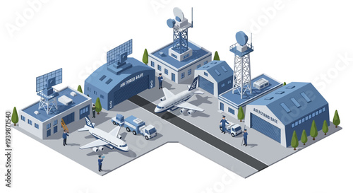 Isometric 3D illustration of a military base with buildings, aircraft, and radar systems on a gray background with blue accents.