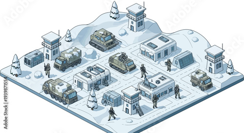 Isometric 3D illustration of a snowy military base with vehicles and personnel in a winter landscape with buildings and watchtowers.