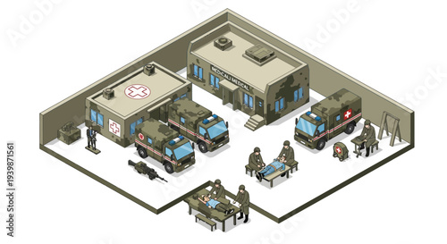 Isometric 3D illustration of a military base with soldiers, vehicles, and buildings in a strategic layout.