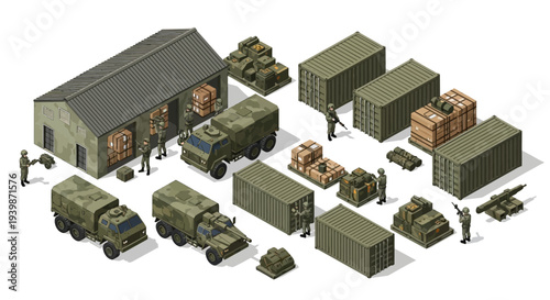 Isometric 3D illustration of military vehicles and equipment arranged around a base building with a strategic layout.