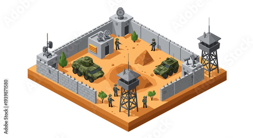 Isometric 3D illustration of a military base with guard towers, tanks, and soldiers on a sandy terrain surrounded by a gray fence.