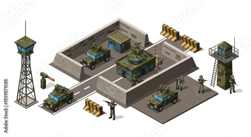 Isometric 3D illustration of a military base with green vehicles and soldiers, featuring watchtowers and barriers on a gray background.