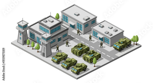 Isometric 3D illustration of a military base with vehicles and buildings on a gray background, showcasing a strategic army camp design.