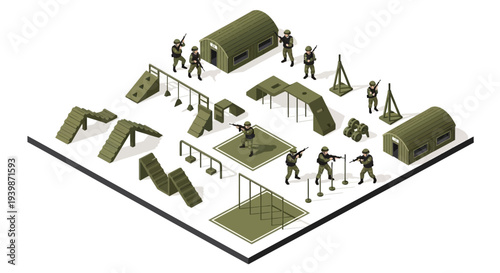 Isometric 3D illustration of a military base with soldiers and various structures on a white background with a greenish-brown color scheme.