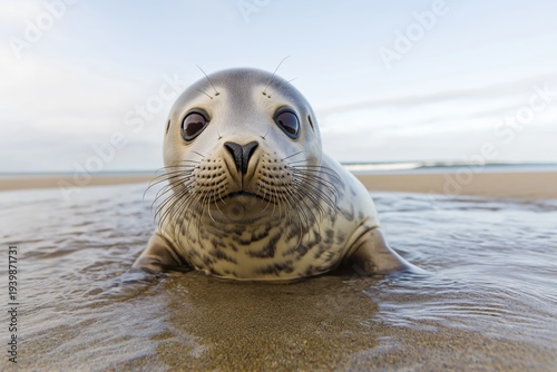 Seal pup in shallow water on beach looking at camera