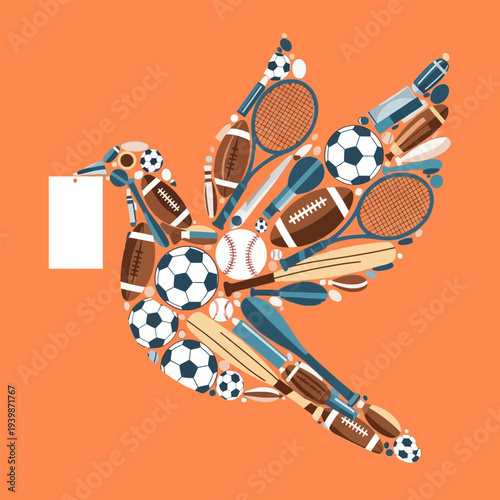 Abstract dove design made from diverse sports balls and gear
