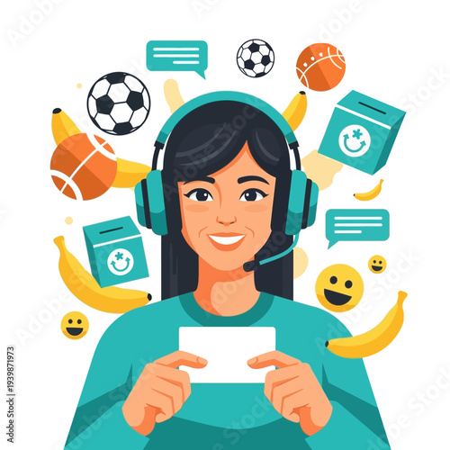 Woman Wearing Headset With Soccer Balls and Bananas