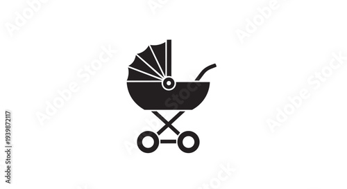 Classic baby carriage silhouette symbolizes infant transportation and parental care icons against a plain backdrop.