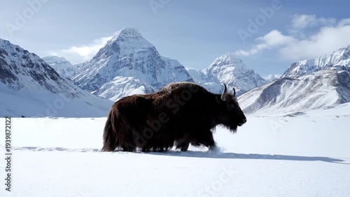 Musk Ox in serene winter landscape with soft natural lighting on snow-covered terrain for wildlife conservation