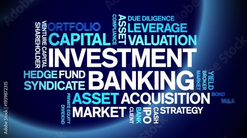 investment banking animated word cloud-text design animation tag kinetic typography seamless loop.