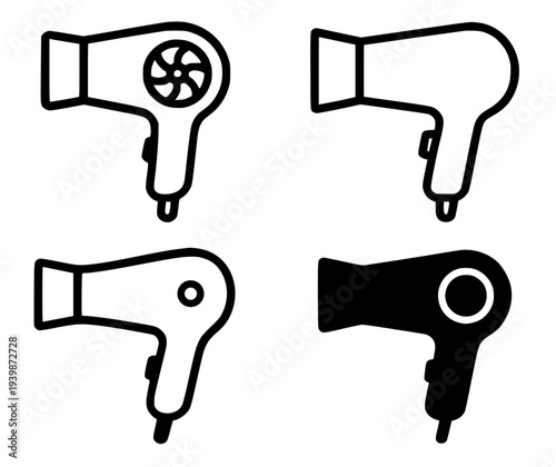 Set of icons, hair dryer illustrations in outline and silhouette design