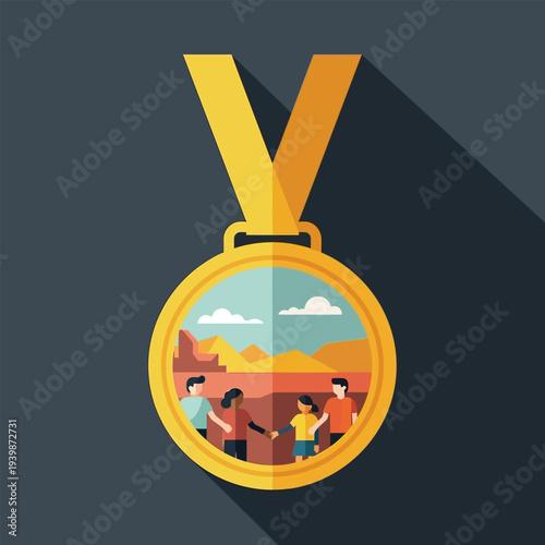 People and land in gold medal, an award honoring teamwork