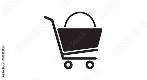 Shopping cart silhouette symbolizes online commerce and retail purchasing on a white background.