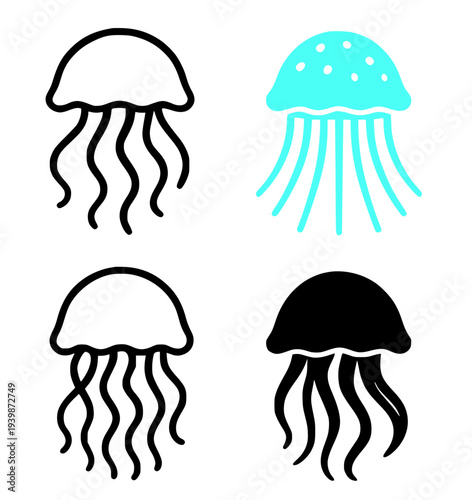 Jellyfish illustration icons, in outline, silhouette and colored designs
