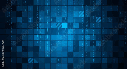 Abstract Blue Digital Grid with Geometric Shapes and Data Flow