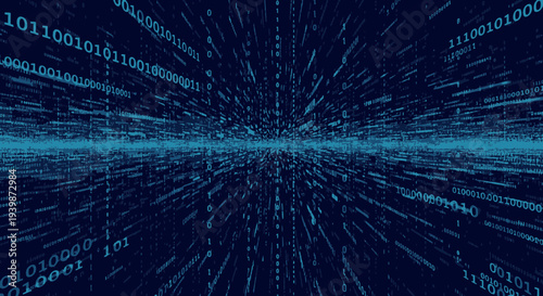 Digital Data Stream: Binary Code Flowing Through Futuristic Network