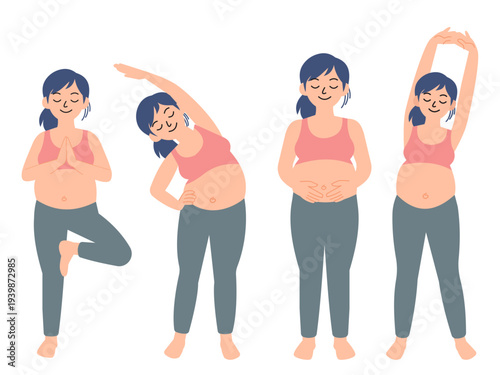Pregnant Woman Stretching Exercises Prenatal Yoga Fitness Illustration