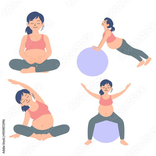 Pregnant Woman Yoga Poses Prenatal Fitness Exercise Illustration
