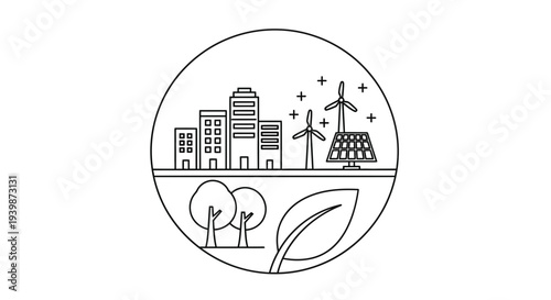 Eco-friendly Cityscape with Wind Turbines and Solar Panels