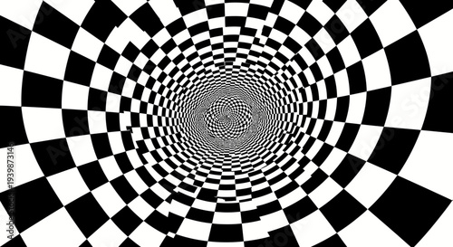 Abstract Black and White Checkerboard Tunnel Vortex Illusion