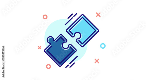 Two blue puzzle pieces connecting, symbolizing teamwork, solution, and strategy