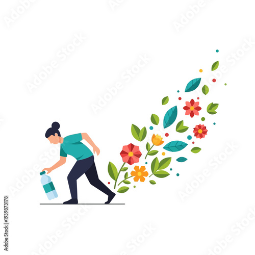 Woman picking up bottle with flowers for preserving environment