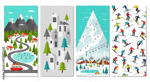 Winter Mountain Village Scene with Skiers and Snow Activities
