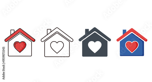 House Icons with Heart Symbol: Love, Home, Family, Real Estate, Charity, Care