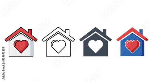 House with Heart Icon Set: Love, Home, Care, Real Estate, Charity, Safety, Shelter