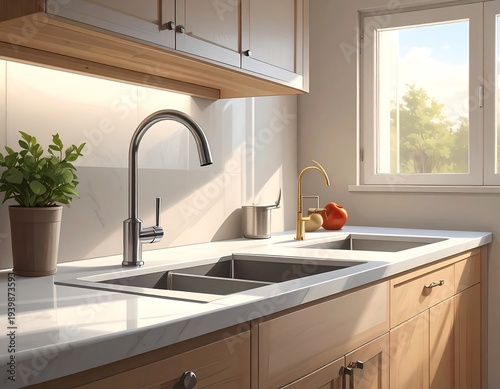 A kitchen sink area with a potted plant and a window