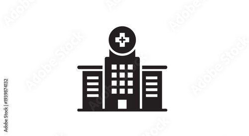 A bold, simplified black icon depicting a tall hospital structure topped with a distinctive circular medical cross sign.