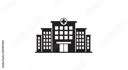 Stylized black graphic representing a modern hospital complex with multiple wings and a centralized cross emblem.